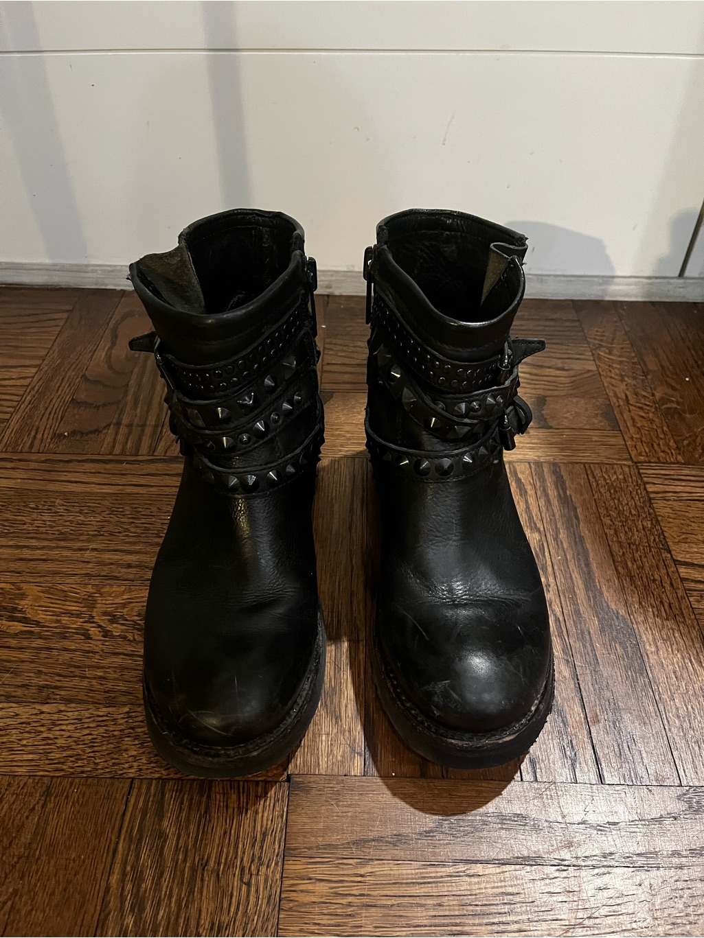 Ash Black Studded Leather Moto Ankle Boots